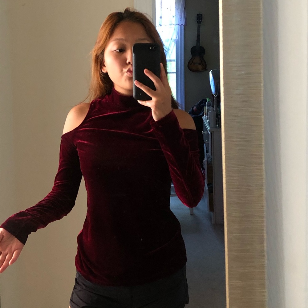 Mock Neck Cold Shoulder Top - Wine Red